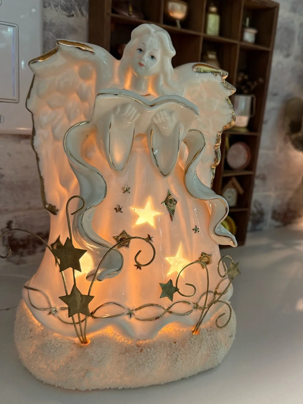 Vintage Porcelain Angel with Gold Star Accents - White and Gold